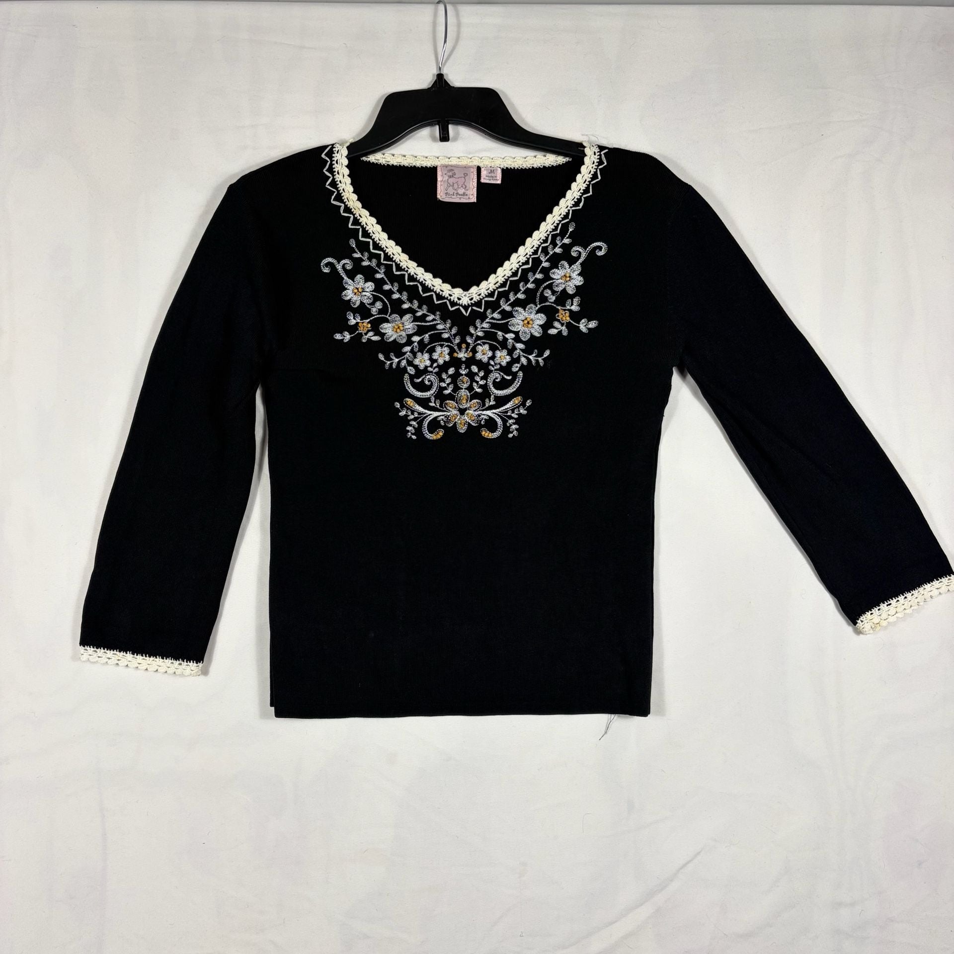 Pink Poodle Embroidered Sweater Size M Black Crochet Trim 2
