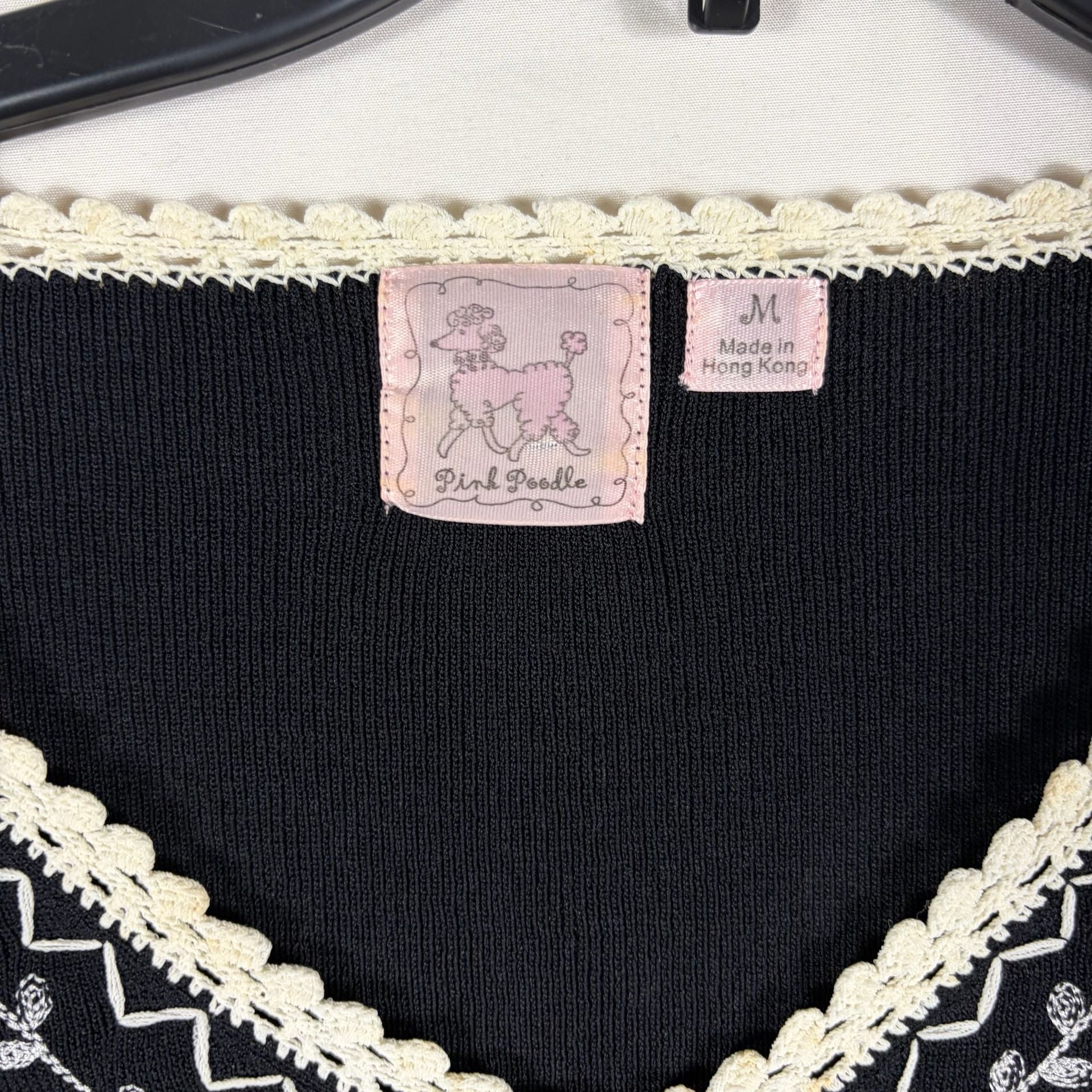 Pink Poodle Embroidered Sweater Size M Black Crochet Trim 3