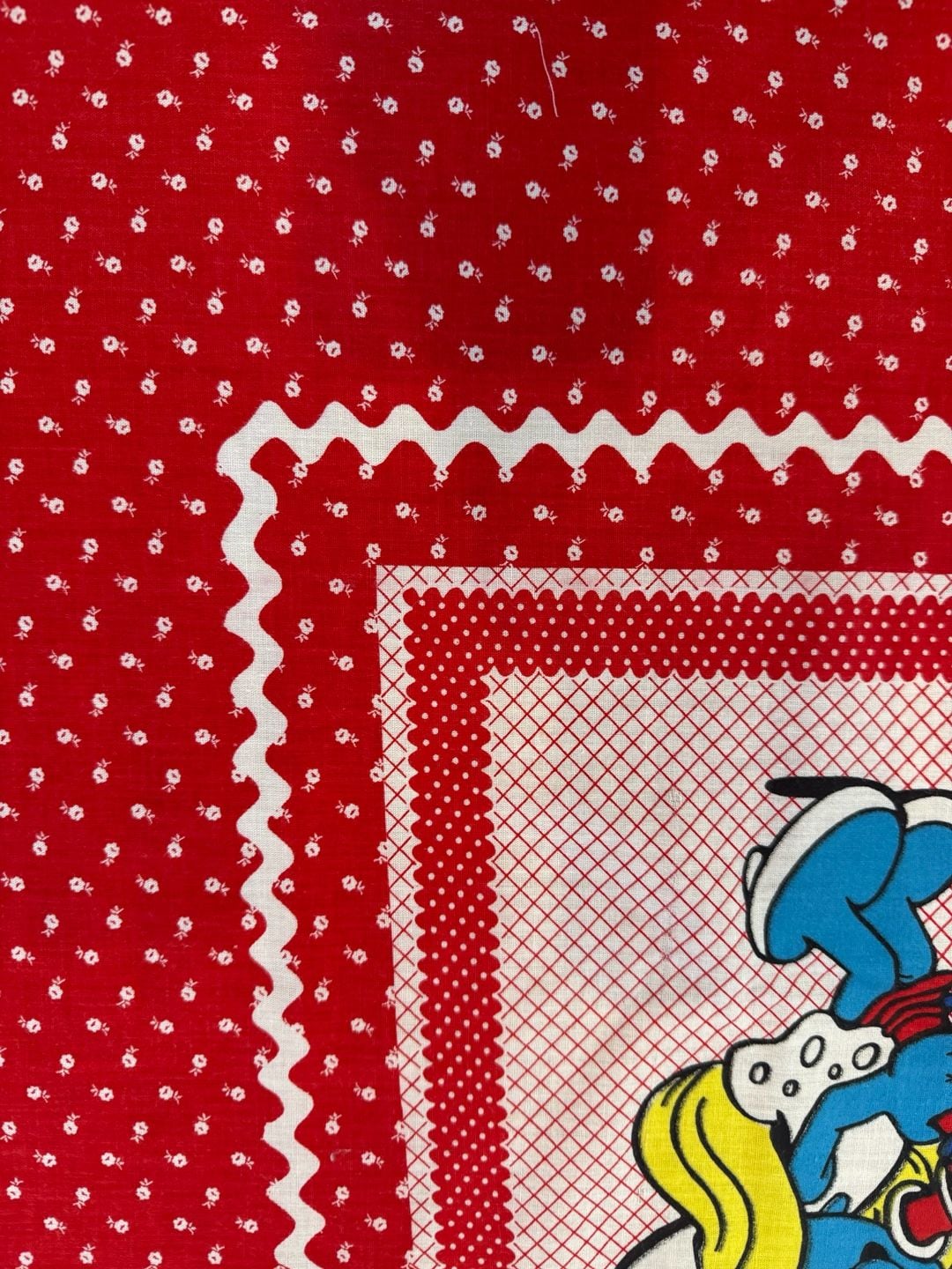 The Smurfs Vintage Smurfun Fabric Panel 1982 Red White Cotton Quilt Panel 3