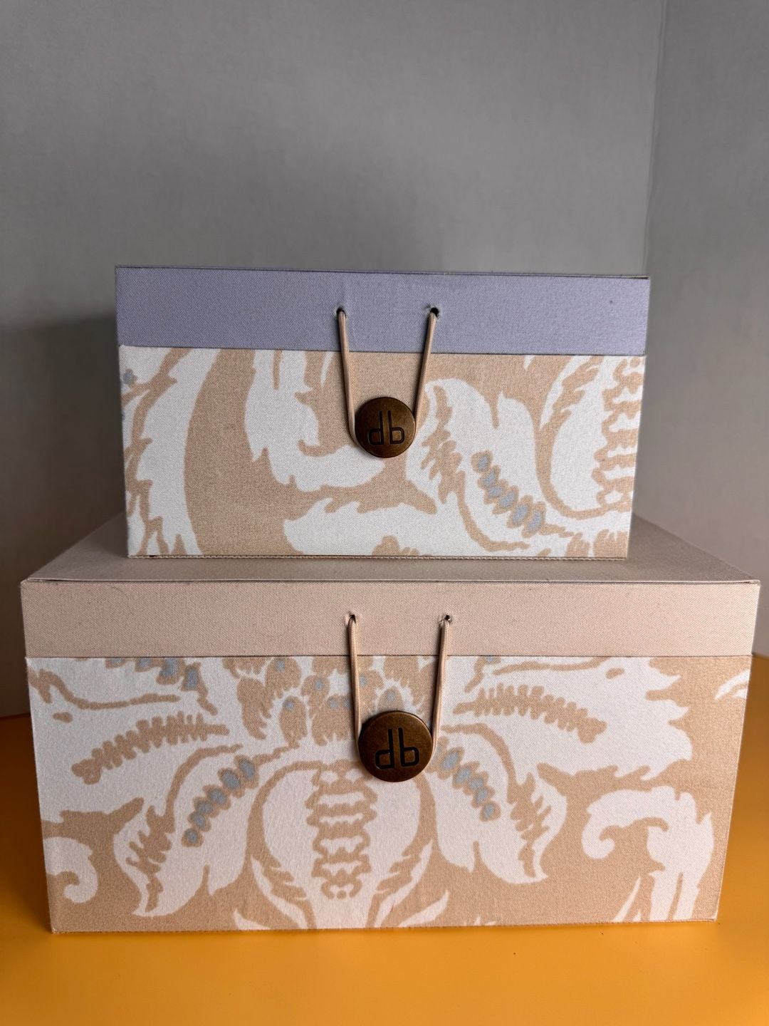 dB Decorative Storage Box Set 2 Piece Damask Fabric Beige Blue 1