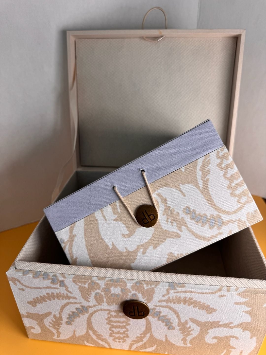 dB Decorative Storage Box Set 2 Piece Damask Fabric Beige Blue 5