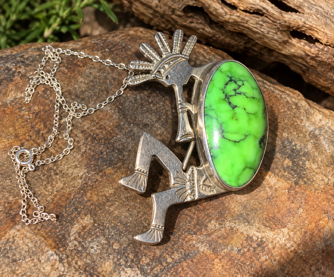 E.G. Bighand Sterling Silver Kokopelli PendantRARE Large Green Turquoise Stone. 2