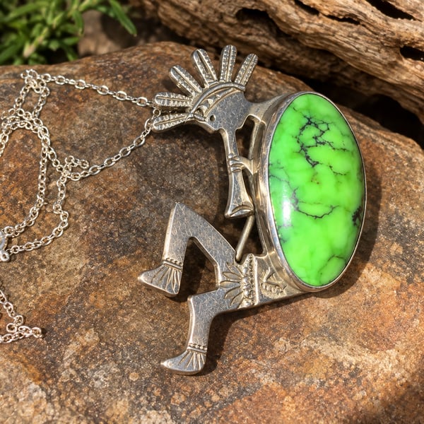 E.G. Bighand Sterling Silver Kokopelli PendantRARE Large Green Turquoise Stone.