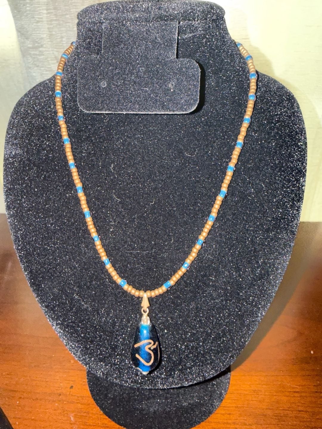 Boho Beaded Necklace Om Symbol Blue Teardrop Pendant 2