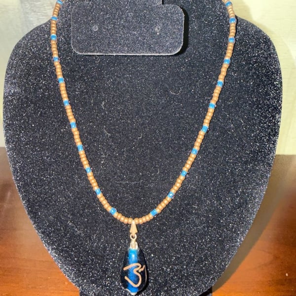 Boho Beaded Necklace Om Symbol Blue Teardrop Pendant