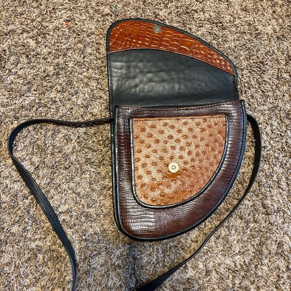 Vintage Mixed Media Leather Crossbody Bag Half-Moon Brown