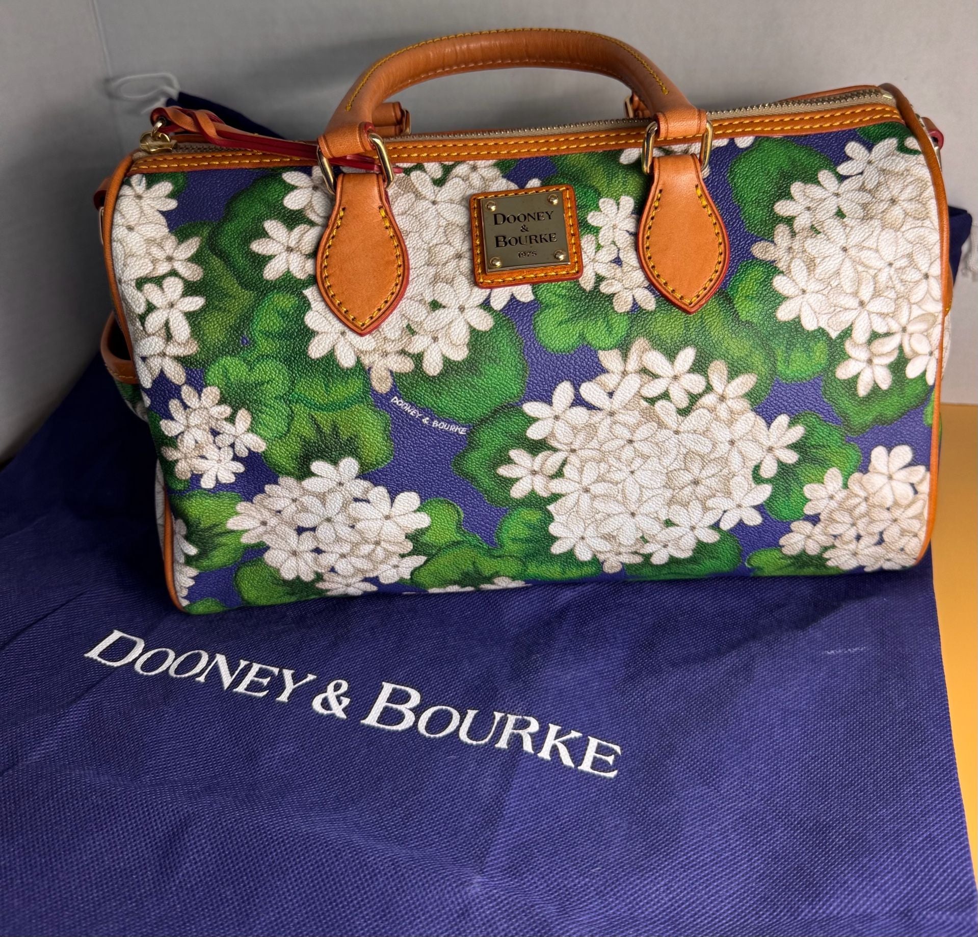 Dooney & Bourke Hydrangea Barrel Satchel Blue Green Floral Leather Bag 2