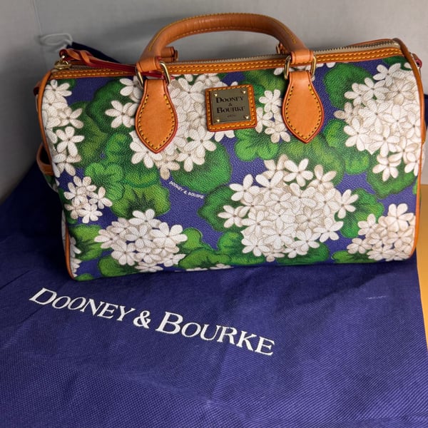 Dooney & Bourke Hydrangea Barrel Satchel Blue Green Floral Leather Bag