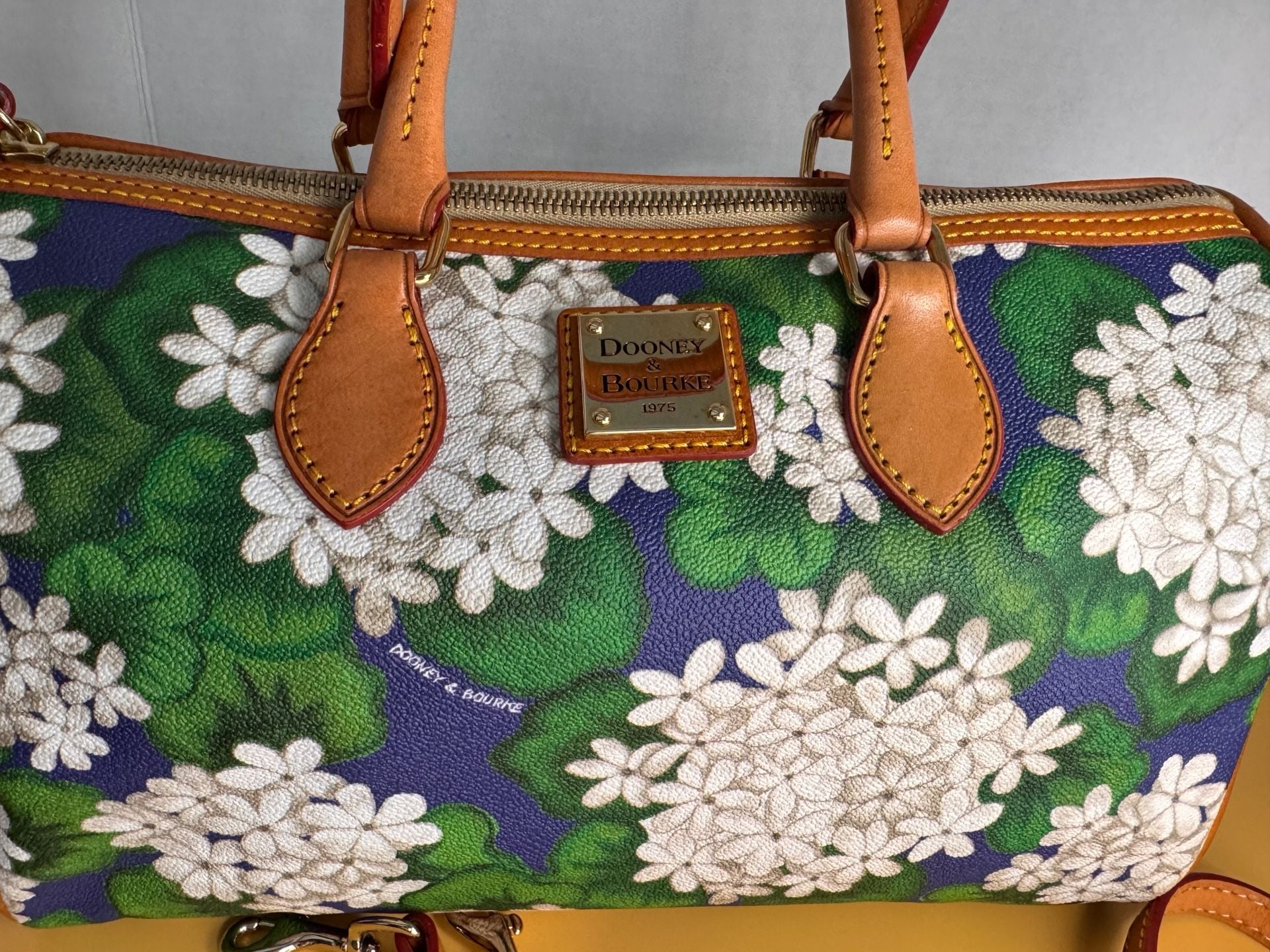 Dooney & Bourke Hydrangea Barrel Satchel Blue Green Floral Leather Bag 7