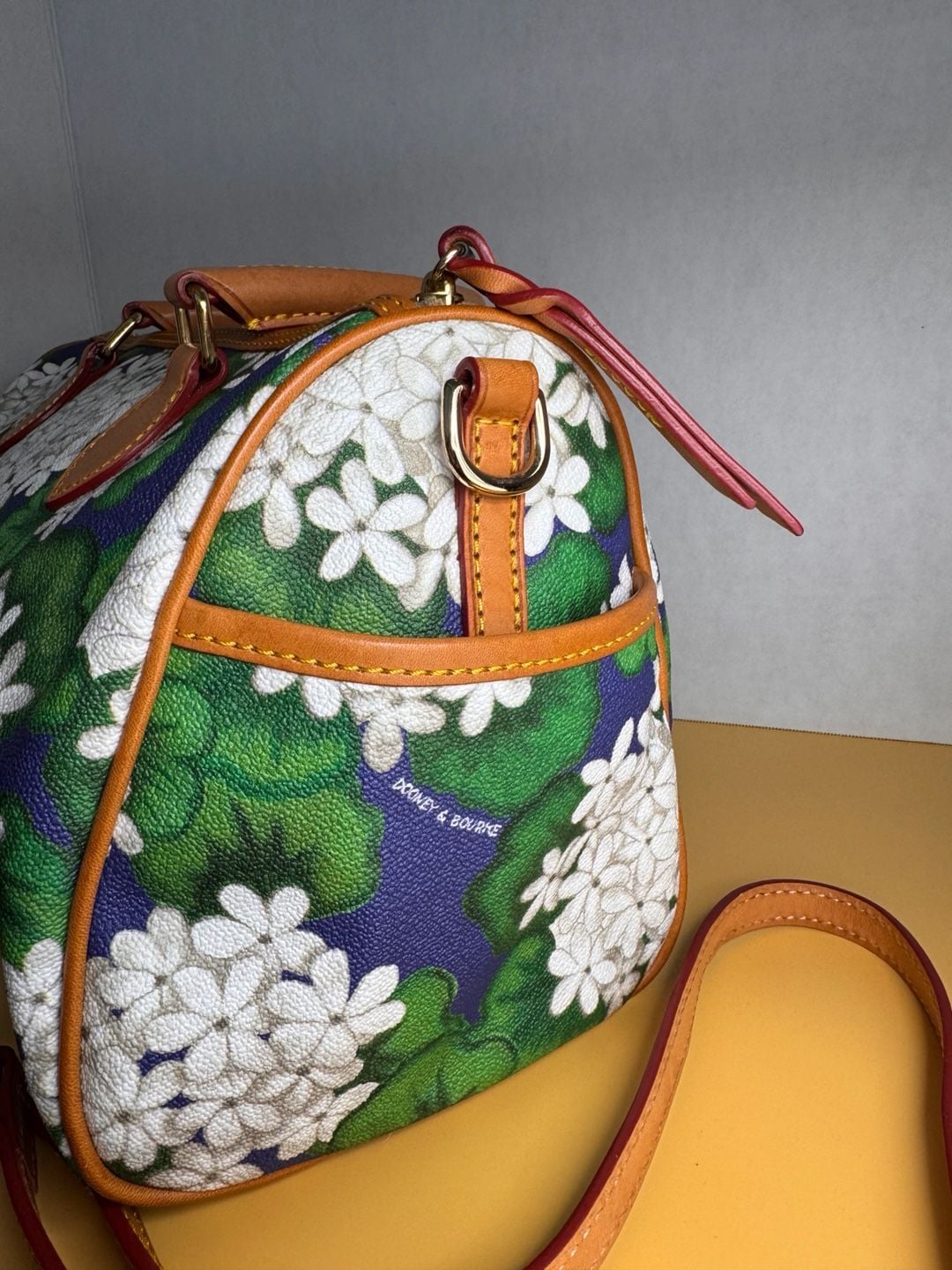 Dooney & Bourke Hydrangea Barrel Satchel Blue Green Floral Leather Bag 9