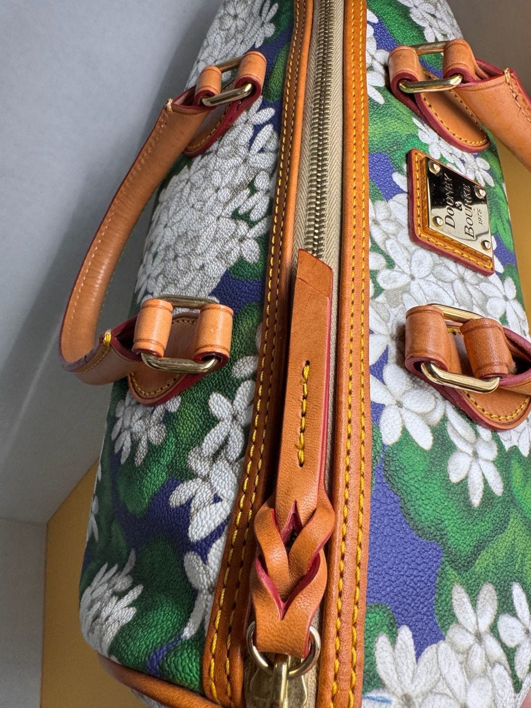 Dooney & Bourke Hydrangea Barrel Satchel Blue Green Floral Leather Bag 10