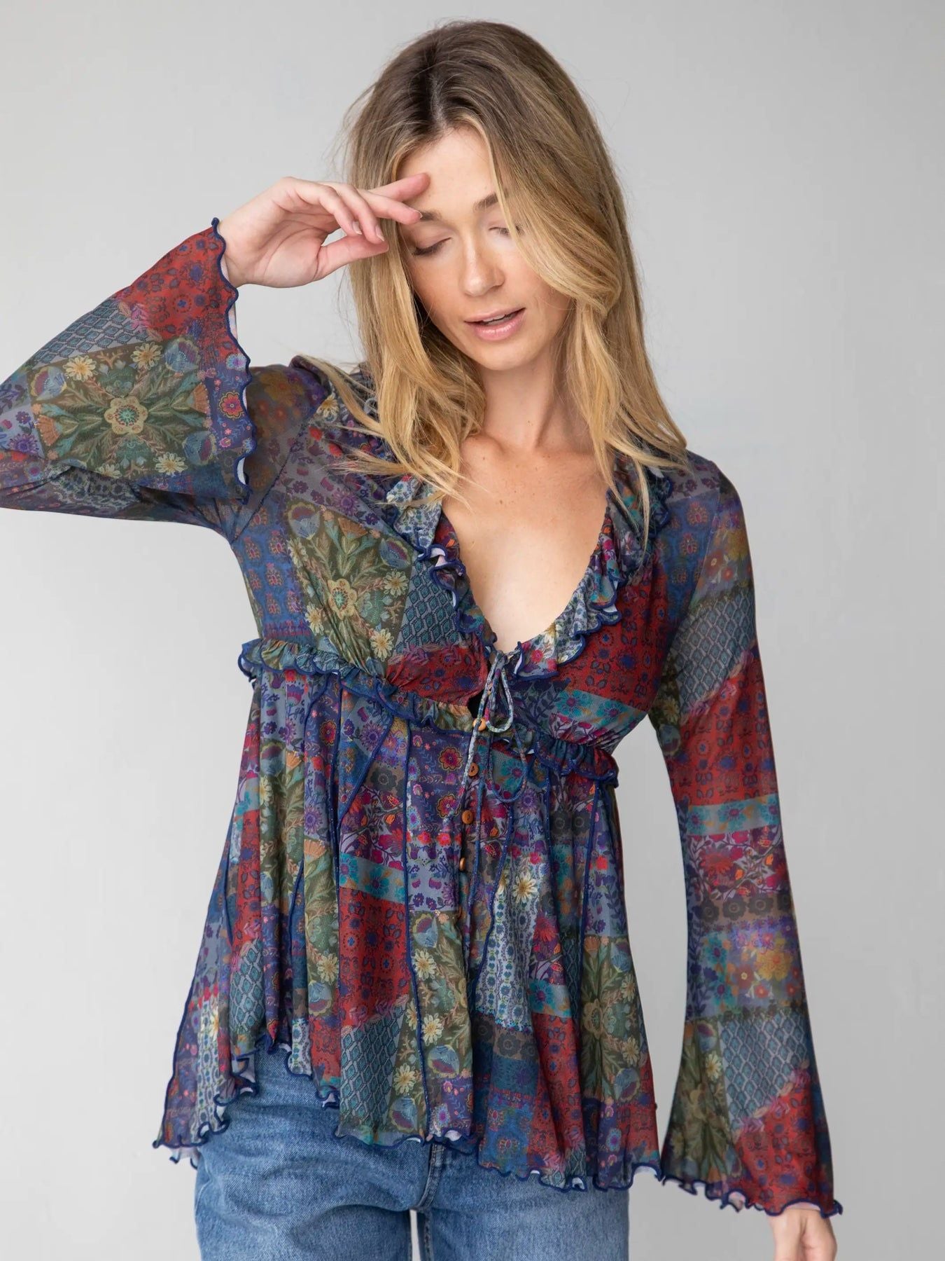 Natural Life Sierra Ruffle Mesh Top Size S Blue Patchwork 2