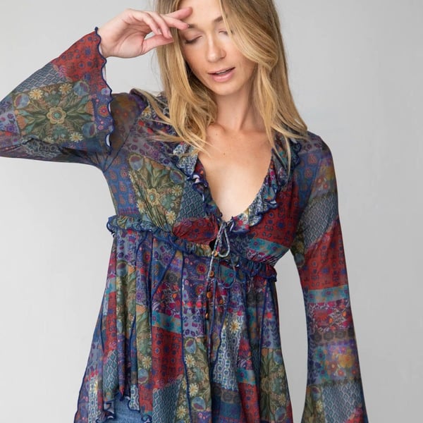 Natural Life Sierra Ruffle Mesh Top Size S Blue Patchwork