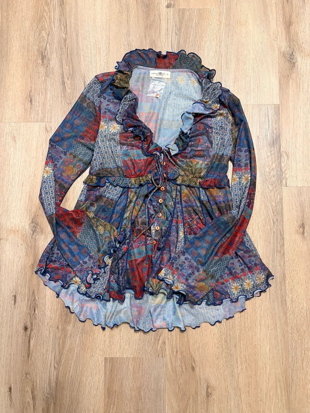 Natural Life Sierra Ruffle Mesh Top Size S Blue Patchwork 3