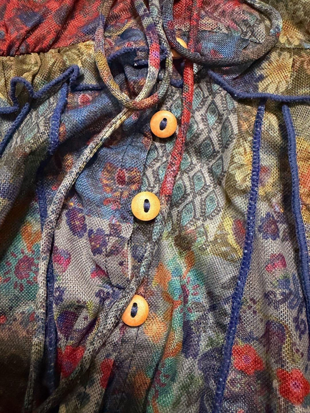 Natural Life Sierra Ruffle Mesh Top Size S Blue Patchwork 5