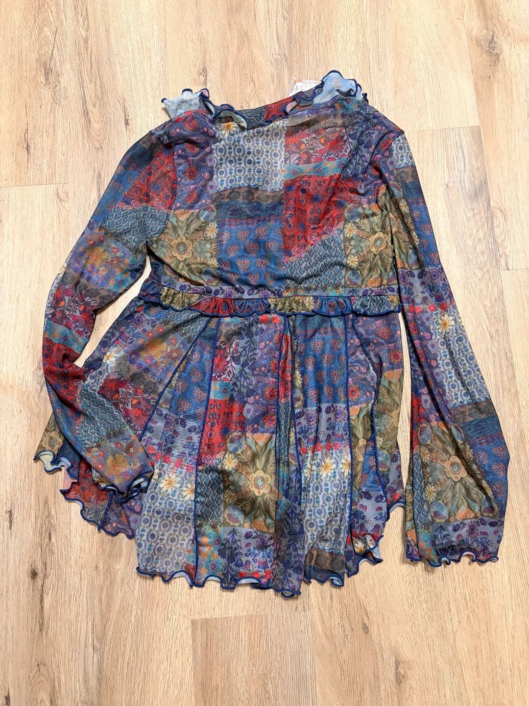 Natural Life Sierra Ruffle Mesh Top Size S Blue Patchwork 7