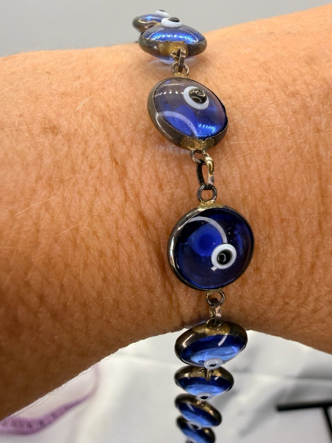 Vintage Evil Eye Bracelet Size 6.5 Inch Cobalt Blue Glass Silver Link 4