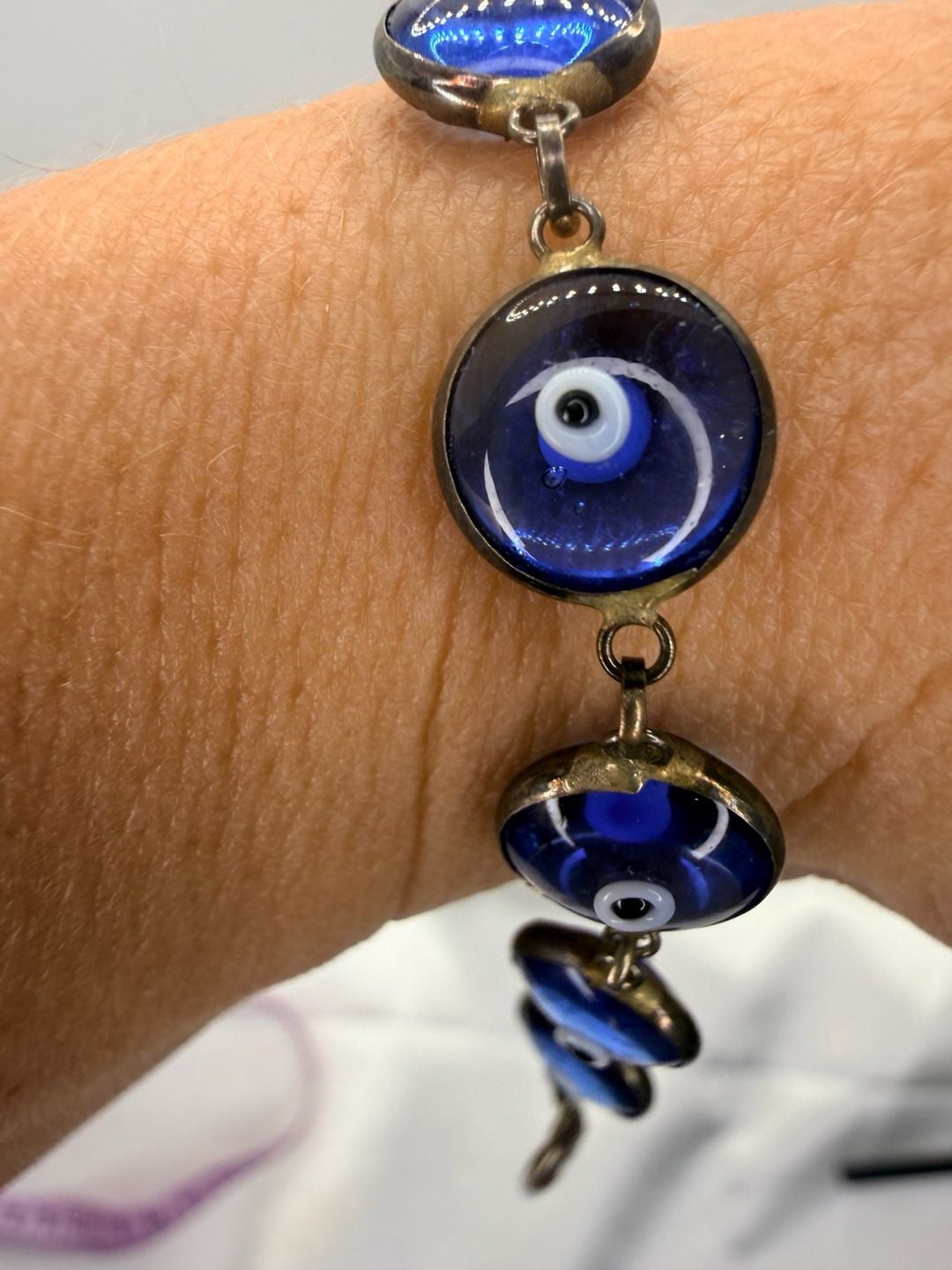 Vintage Evil Eye Bracelet Size 6.5 Inch Cobalt Blue Glass Silver Link 5