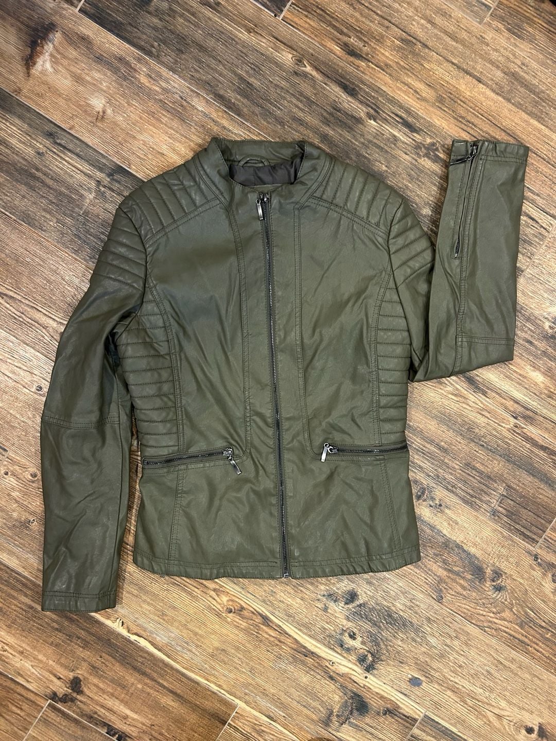 Mssp Faux Leather Moto Jacket Size M Olive Green Quilted 2