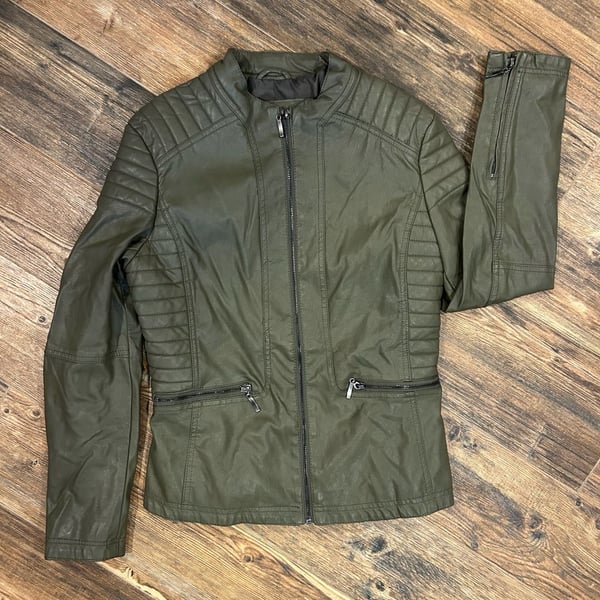 Mssp Faux Leather Moto Jacket Size M Olive Green Quilted