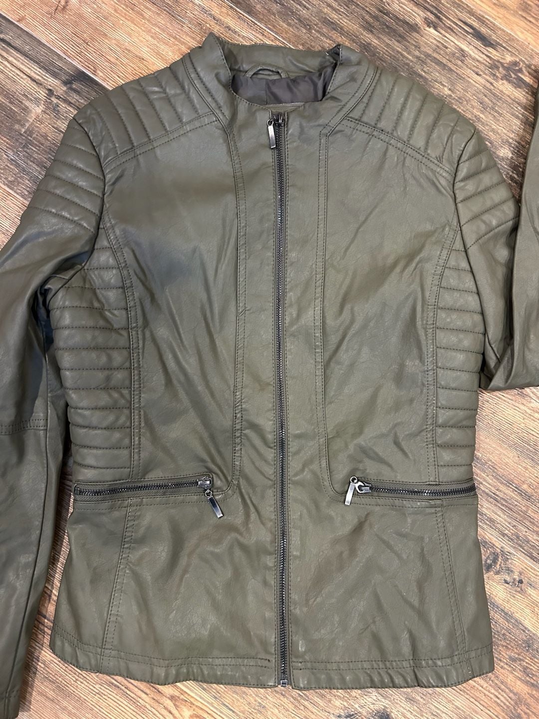 Mssp Faux Leather Moto Jacket Size M Olive Green Quilted 3