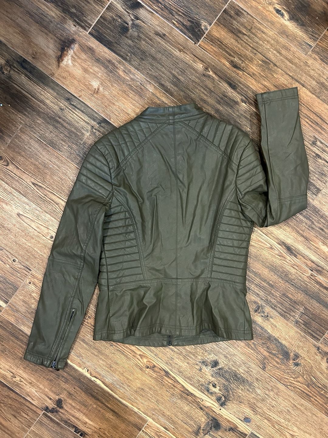 Mssp Faux Leather Moto Jacket Size M Olive Green Quilted 7