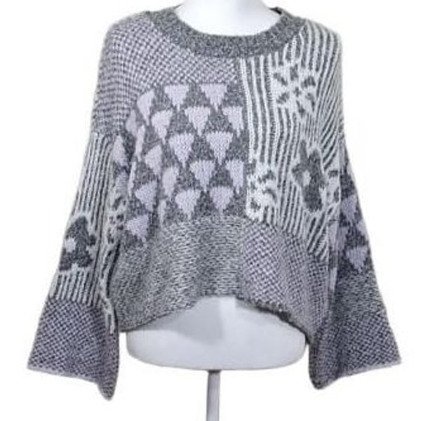 Sincerely Jules Patchwork Knit Sweater S, Oversized Crop Geometric Grey Lilac
