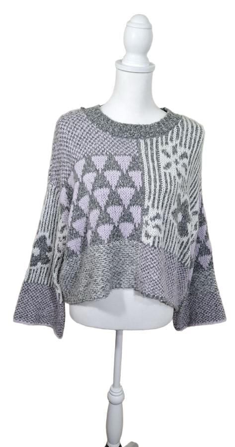 Sincerely Jules Patchwork Knit Sweater S, Oversized Crop Geometric Grey Lilac 3