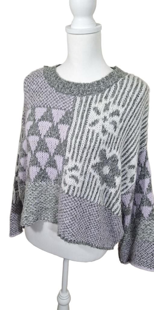 Sincerely Jules Patchwork Knit Sweater S, Oversized Crop Geometric Grey Lilac 5