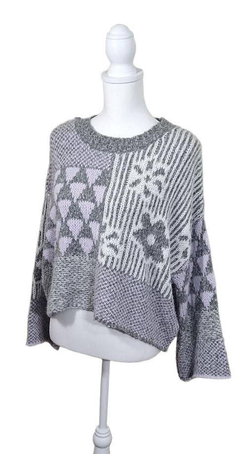 Sincerely Jules Patchwork Knit Sweater S, Oversized Crop Geometric Grey Lilac 4