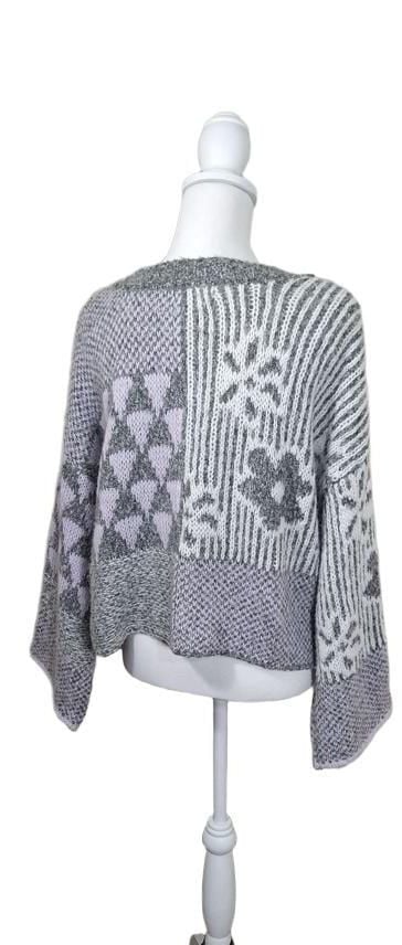 Sincerely Jules Patchwork Knit Sweater S, Oversized Crop Geometric Grey Lilac 6