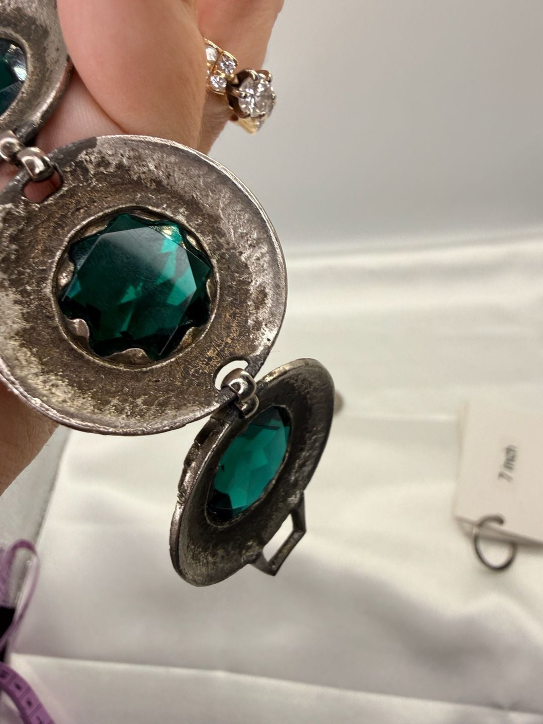 Vintage Silver Tone Green Link Bracelet Size 7 Inch 5