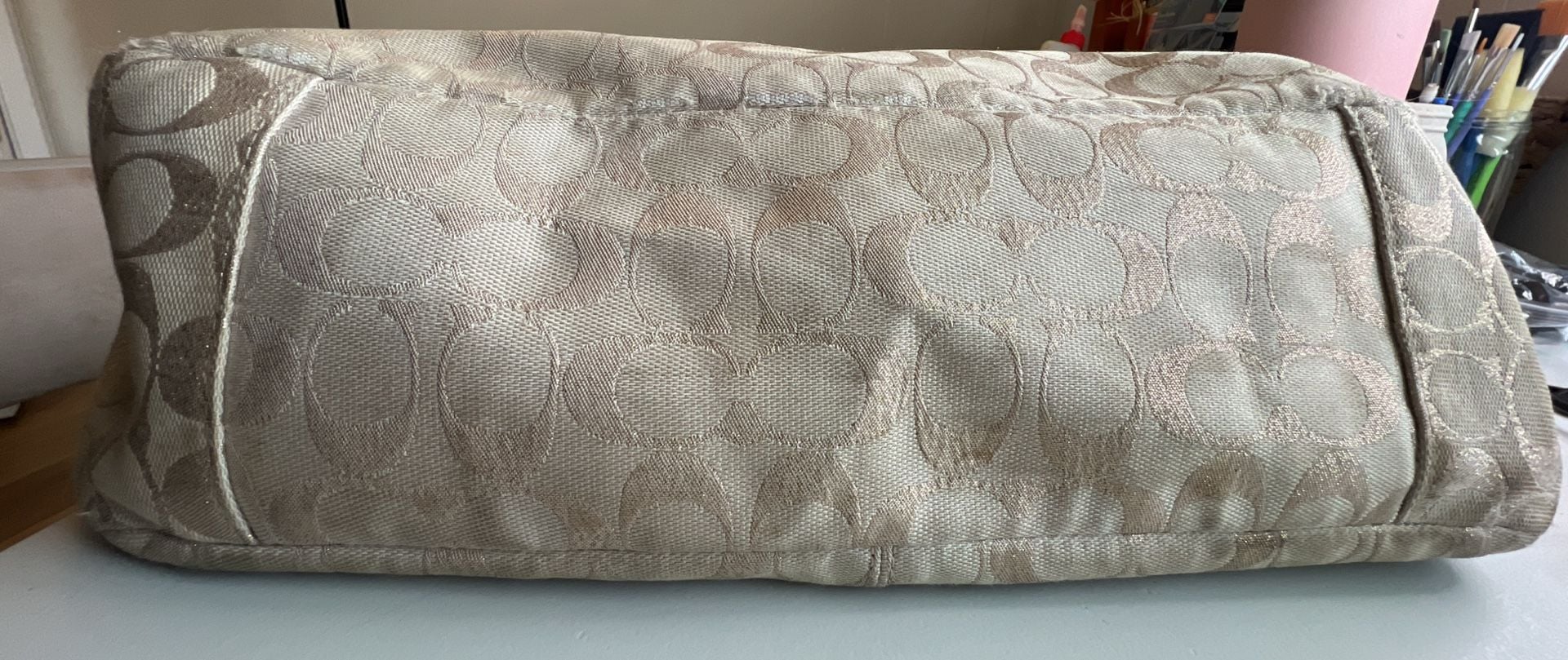 Coach East West Gallery Metallic Khaki Gold Purse Tote Handbag 7
