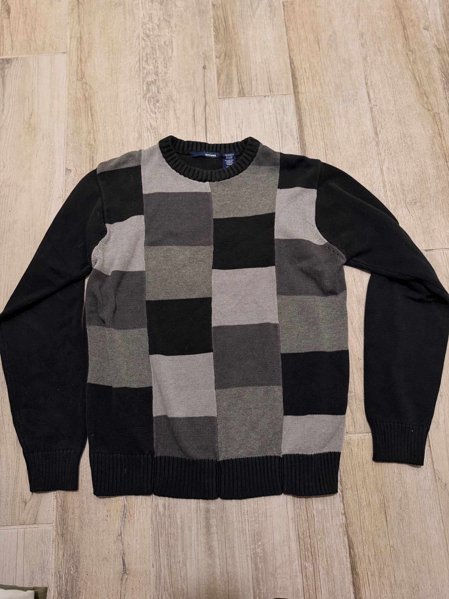 Basic Editions Crew Neck Sweater Size M Black Gray Color Block Cotton Blend 2