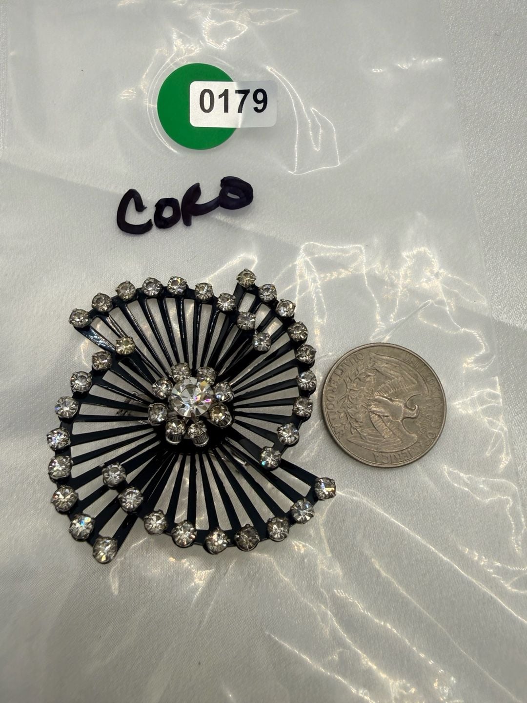 Coro Black Enamel Rhinestone Starburst Spiral Brooch 2
