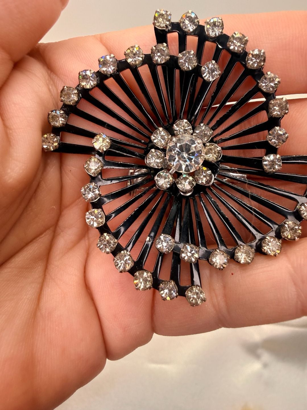 Coro Black Enamel Rhinestone Starburst Spiral Brooch 3