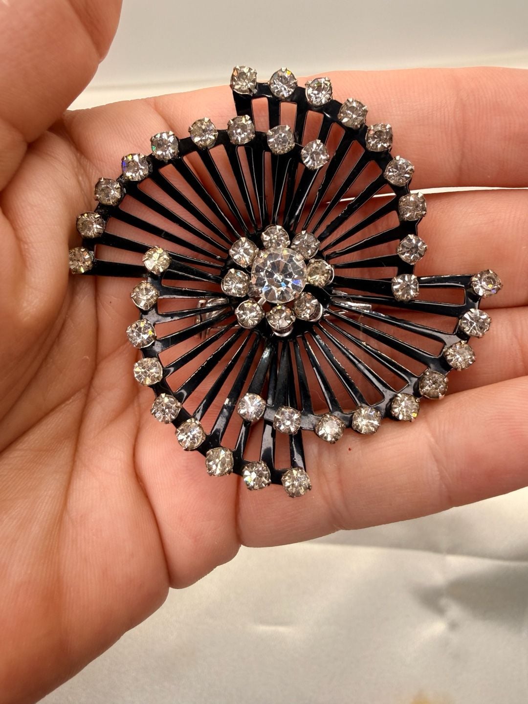 Coro Black Enamel Rhinestone Starburst Spiral Brooch 4