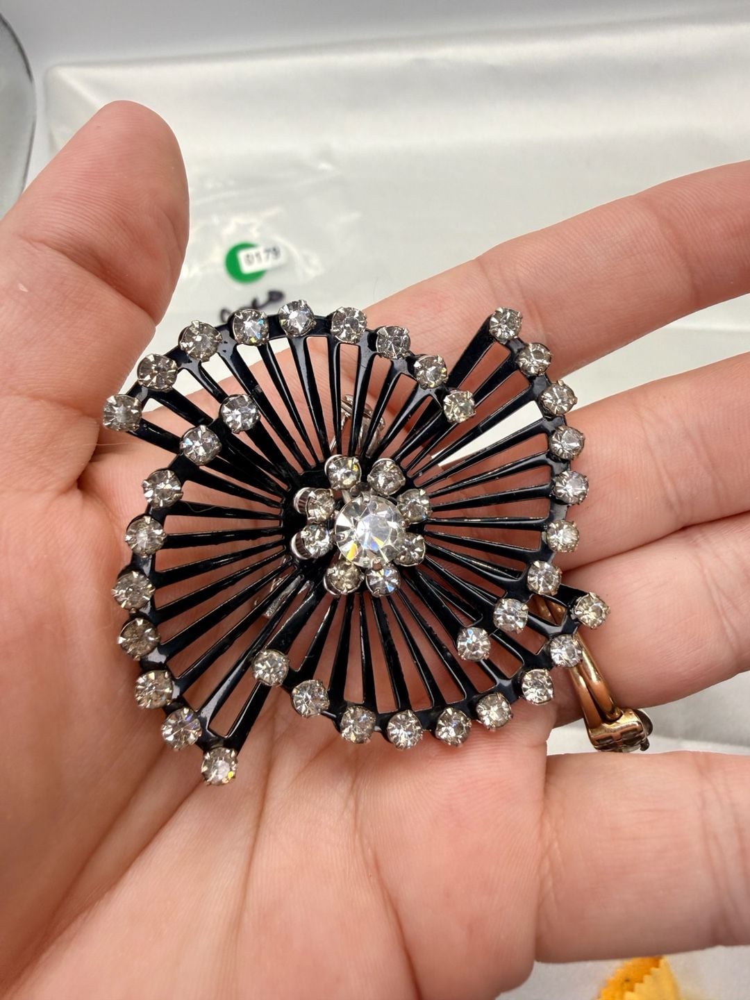 Coro Black Enamel Rhinestone Starburst Spiral Brooch 8