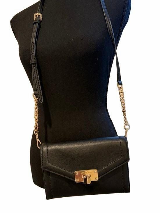 Black Michael Kors Leather Crossbody Wallet Gold Chain Evening Bag Purse 2