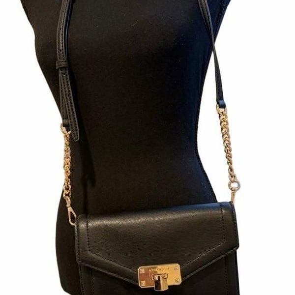 Black Michael Kors Leather Crossbody Wallet Gold Chain Evening Bag Purse