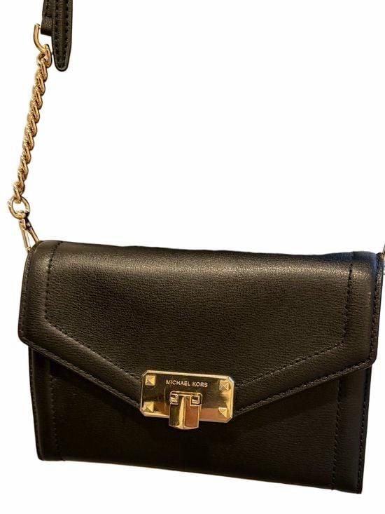 Black Michael Kors Leather Crossbody Wallet Gold Chain Evening Bag Purse 3