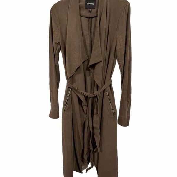 Express Brown Suede Soft Trench Coat with Belt and Zip Pockets