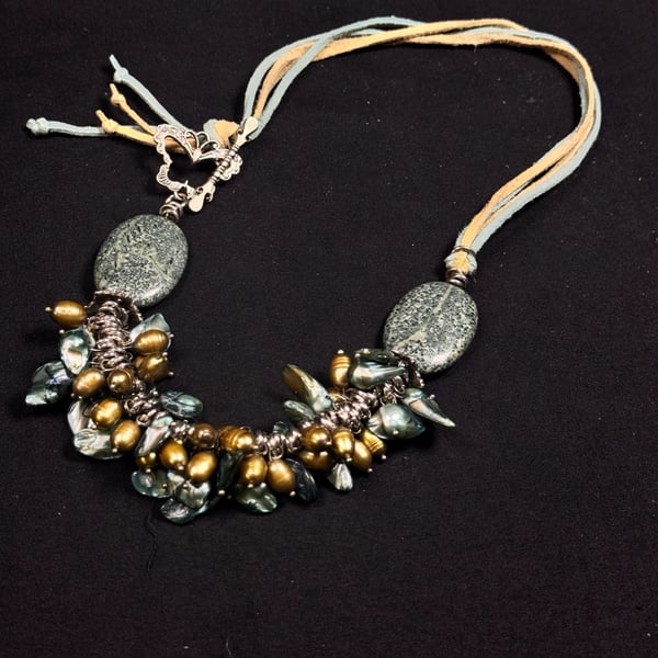 Handmade Statement Necklace Green Jasper Pearl Suede Toggle