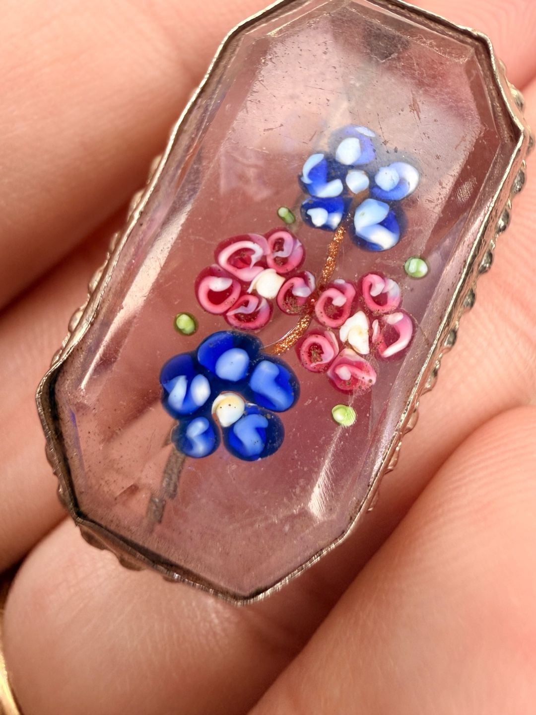 Vintage Antique Faceted Glass Millefiori Flowers Brooch 2