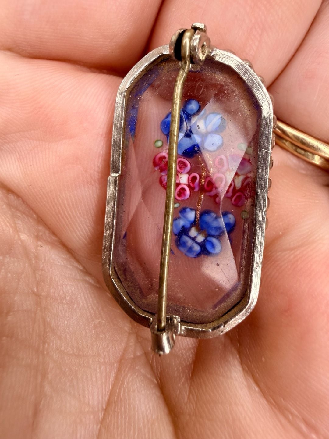 Vintage Antique Faceted Glass Millefiori Flowers Brooch 4