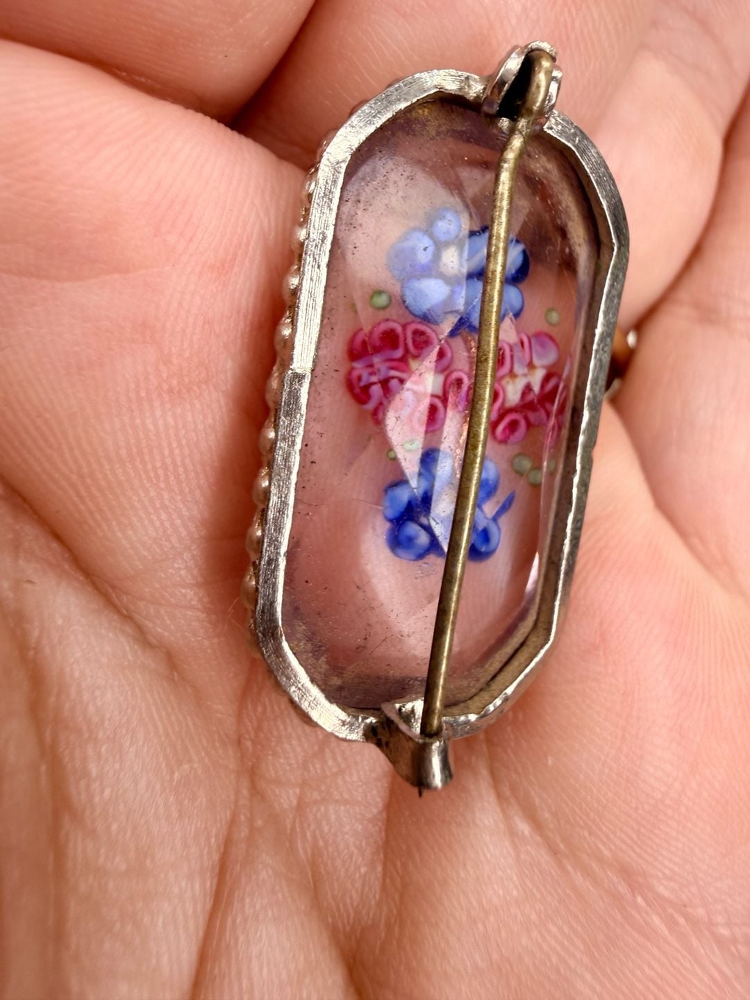 Vintage Antique Faceted Glass Millefiori Flowers Brooch 5