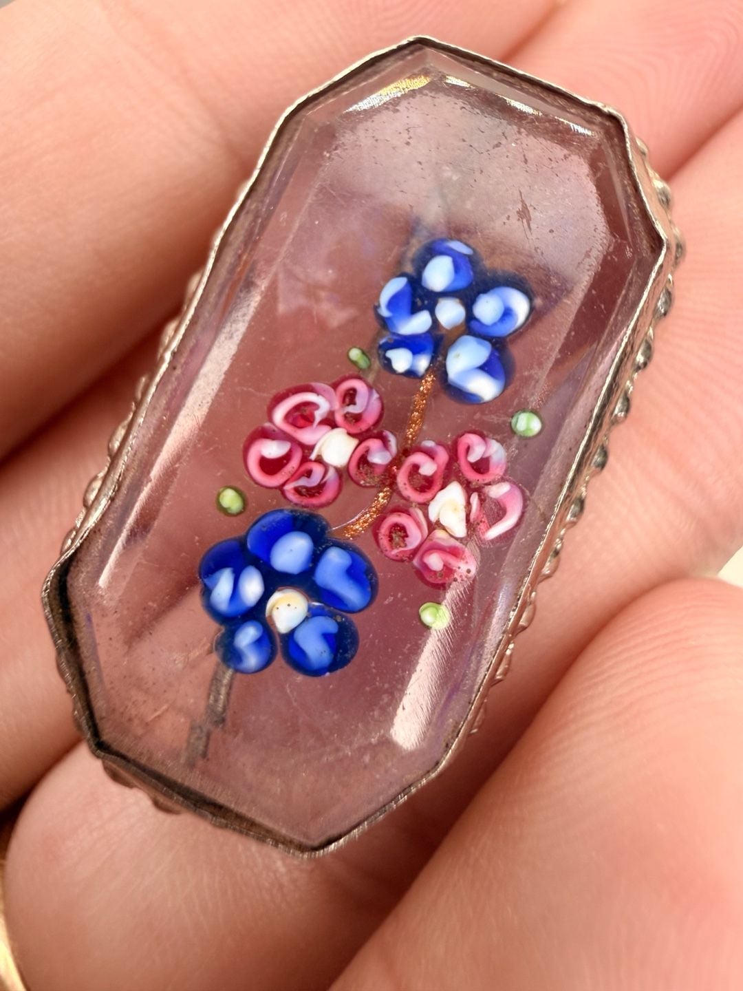 Vintage Antique Faceted Glass Millefiori Flowers Brooch 6