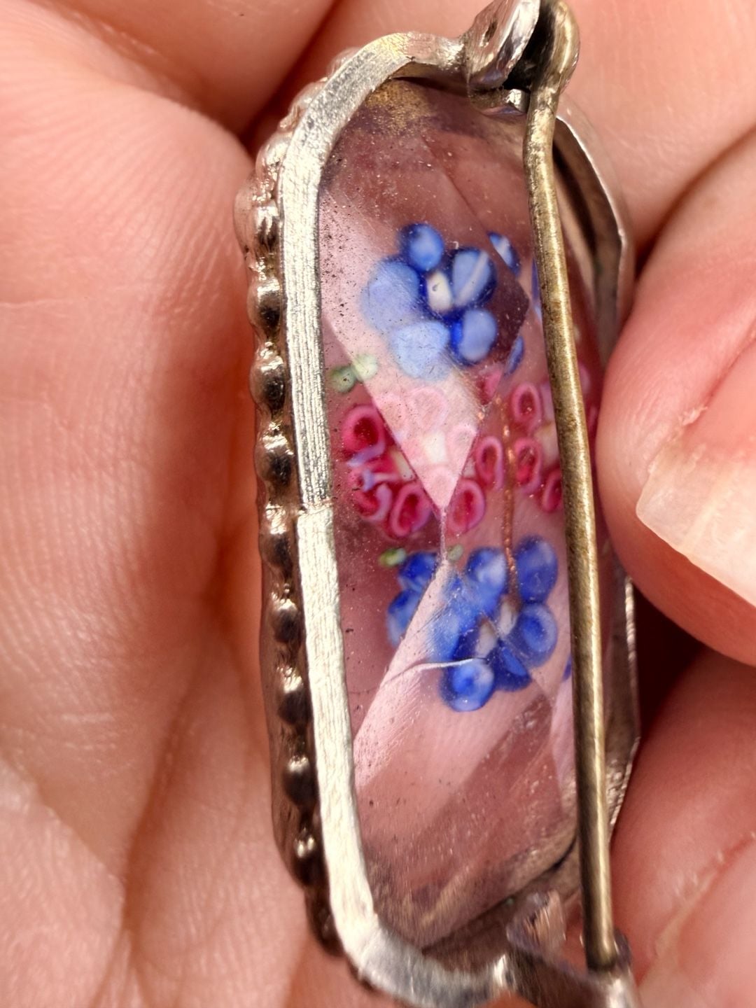 Vintage Antique Faceted Glass Millefiori Flowers Brooch 7
