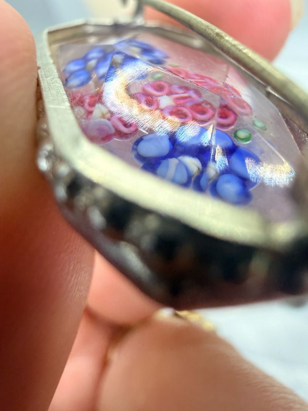 Vintage Antique Faceted Glass Millefiori Flowers Brooch 8
