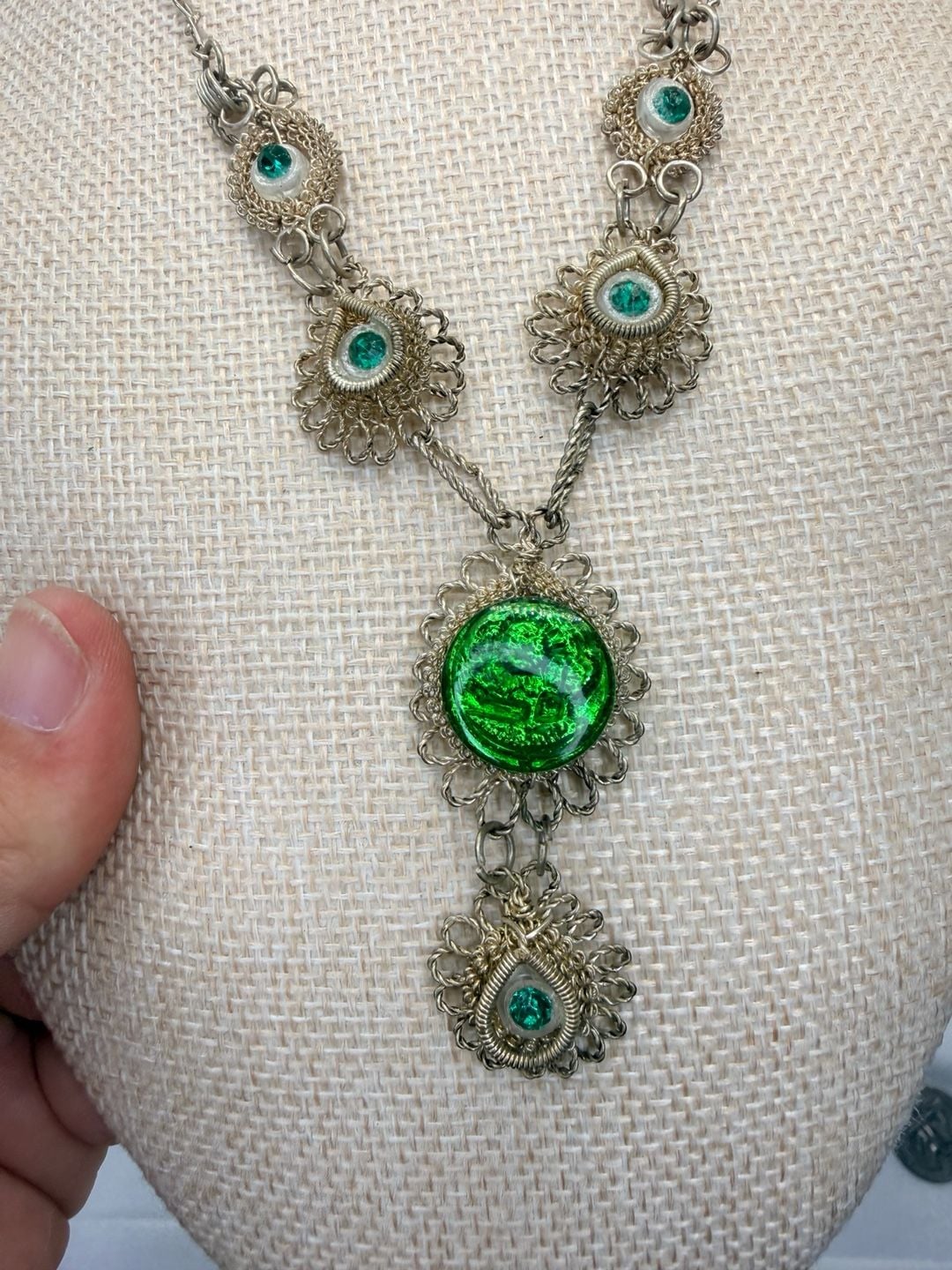 Antique Silesian Iron Wirework Necklace 14 Inch Green Czech Glass 2